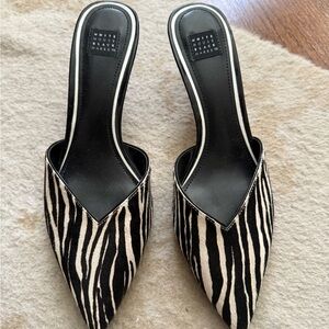 White House Black Market Black and White Zebra Mules